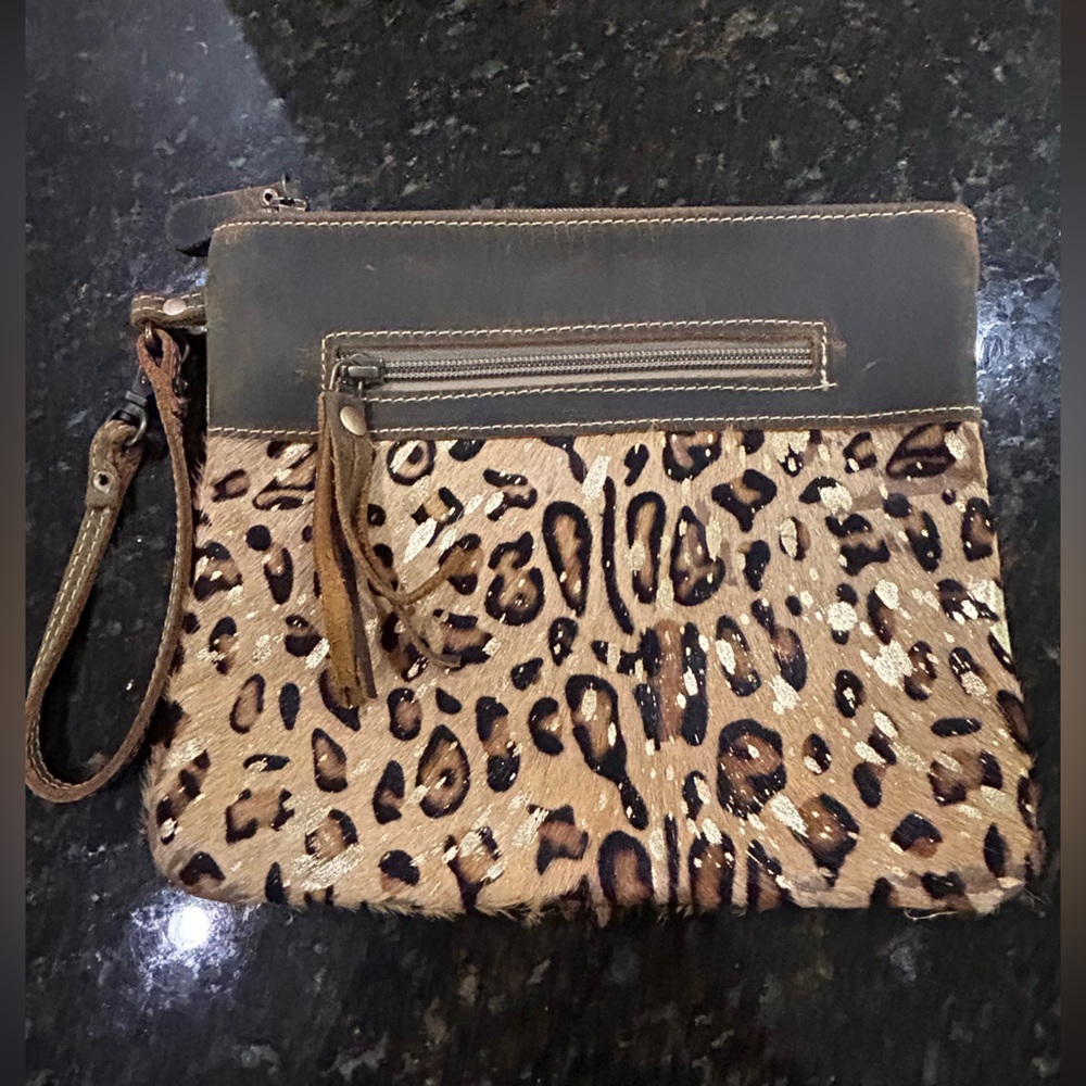 MYRA Bag Leopard Print Wristlet Clutch with Leather Brown Trim